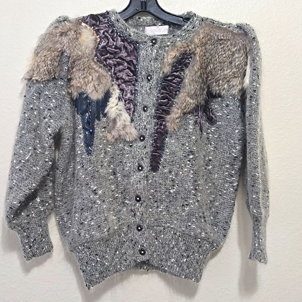 Vintage SWEATER Wool, Buttoned (M, ) Cardigan -‎ multi/media/lapis lazuli/fur